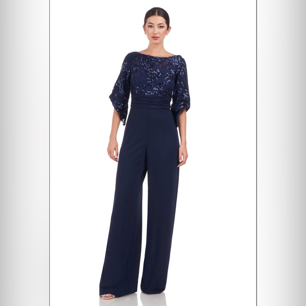 JS Collections Navy Sequin Boatneck Wide-Leg Jumpsuit